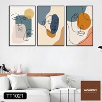 Bộ 3 tranh treo tường canvas, tranh gương phòng khách trừu tượng, Minimalism hình mặt cô gái, tông xanh xám- TT1021