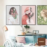 Bộ 3 tranh treo tường canvas phòng khách trừu tượng chủ đề Cô gái và Hoa tông hồng  - N0015