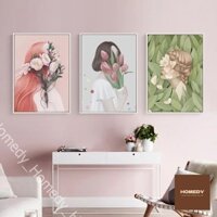 Bộ 3 tranh treo tường canvas phòng khách trừu tượng chủ đề Cô gái và Hoa - N0004