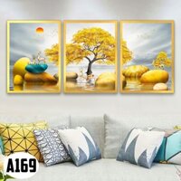 Bộ 3 Tranh Treo Tường Có Khung (30cm x 40cm x 3bức, dày 2cm) Phong Cảnh Vàng Ánh Kim (Mã A169). Tranh Trang Trí Phòng