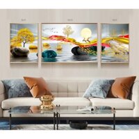 Bộ 3 tranh treo tường hiện đại trừu tượng nai và đàn cá vàng tài lộc chất liệu bóng kiếng hoặc vải canvas ytk191-3