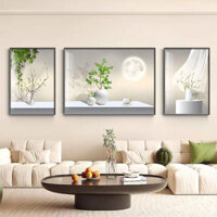 Bộ 3 Tranh Treo Tường Phòng Khách Phong Cách Hiện Đại/ Tranh Hoa Lá Treo Tường Nền Ghế Sofa