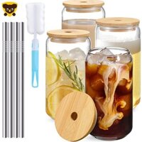 Bộ 4 Cốc Thủy Tinh Uống Bia Hình Lon Bia Có Nắp Và Ống Hút 500ML SHOPCYC0610