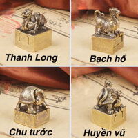 Bộ 4 con dấu , ấn tứ linh thần thú bằng đồng tí hon cao 3cm Thanh Long , Bạch Hổ , Chu Tước , Huyền Vũ