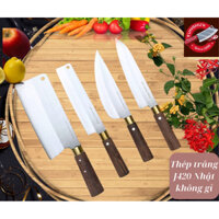 Bộ 4 dao nhà bếp thép trắng J420j2, cán gỗ lim tránh mối mọt. Khoanh đồng hai đinh tán cố định chắc chắn