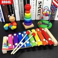 Bộ 4 Đồ Chơi Đàn Xylophone, Tháp Xếp Vòng To Nhỏ, Luồn Hạt Khéo Tay Và Con Sâu Uốn Dẻo