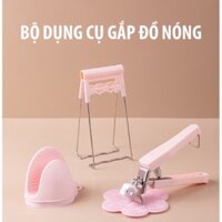 Bộ 4 dụng cụ kẹp gắp đồ nóng, đa năng inox chống phỏng kèm bộ găng tay, miếng lót nồi silicon cao cấp