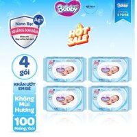 Bộ 4 gói Khăn ướt Bobby không mùi hương 100 tờ/gói