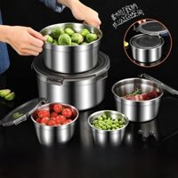 Bộ 4 Hộp Inox Tròn Bảo Quản Thực Phẩm Ngũ Cốc Thịt Trái Cây Rau Củ Quả Có Nắp Đậy Kín Mùi