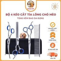 Bộ 4 Kéo Cắt Tỉa Lông Chó Mèo, Thú Cưng Tặng Kèm Bao Da Đựng (Kéo Cong + Kéo Thẳng + Kéo Tỉa + Lược)