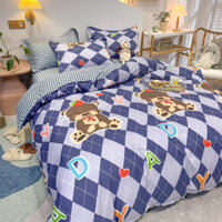 Bộ 4 món chăn ga gối đệm poly cotton ga giường họa tiết hoa nhí vintage, bộ ga gối drap giường bo chun