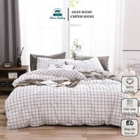 Bộ 4 món chăn ga gối drap giường cotton poly thoáng mát họa tiết caro trắng Otama Bedding miễn phí bo chun ra nệm