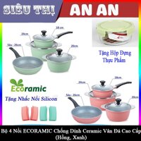 Bộ 4 nồi chảo ECORAMIC SKY POT bếp ga điện chống dính size 18 20 24 26 cm tặng 2 nhắc nồi sillicon và hộp đựng thực phẩm