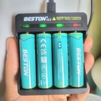 Bộ 4 pin tiểu sạc AA Beston 1.5V 3600mWh kèm Bộ sạc Tự ngắt Có đèn báo đầy Pin micro không dây