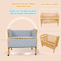 (Bộ 4 SP Tặng 2 SP) Giường Cũi Cho Bé Gỗ Thông Xuất Khẩu Màu Tự Nhiên Kích Thước(70x110x96cm) MOM AND SON - BH 12 Tháng