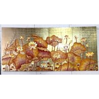 Bộ 4 tấm Tranh sơn mài HOA SEN đắp nổi khảm trứng nền dát vàng cao cấp size 80x160 cm
