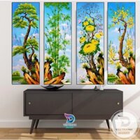 Bộ 4 Tranh Treo Tường Tứ Quý tráng gương Decor Phòng Khách/ Ngủ Xuân Hạ Thu Đông Kèm Khung/ Tùng Trúc Cúc Mai Tểt Đào