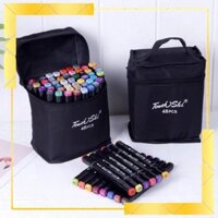 Bộ 48 Bút Vẽ Màu Dạ Nước 2 Đầu 1mm Và 6mm Marker Touchshi Kèm Túi Vải Quai Xách
