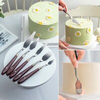 Bộ 5 dao chà láng cán gỗ nâu sang trọng dùng trang trí bánh kem, fondant cao cấp