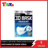 Bộ 5 Gói Khẩu Trang Ngăn Virút Unicharm 3D Mask Virus Block 5 Cái  Gói