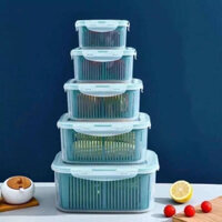 Bộ 5 Hộp Đựng Thực Phẩm Để Tủ Lạnh Có Nắp Đậy Kèm Rổ Ráo Nước Cao Cấp-Màu Xanh