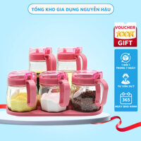 Bộ 5 Lọ Thủy Tinh Có Quai, Đựng Gia Vị Cao Cấp Nắp Hồng - TongkhoGiaDung