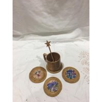 Bộ 5 Lót  Ly (Cốc) Bằng Mây Mặt Gỗ Và Mặt Sứ Có ảnh thật