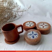 Bộ 5 Lót  Ly (Cốc) Bằng Mây Mặt Gỗ Và Mặt Sứ ,có ảnh thật