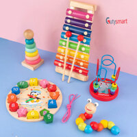 Bộ 5 món đồ chơi gỗ theo phương pháp giáo dục Montessori giúp trẻ phát triển trí tuệ ươm mầm tài năng đồ chơi gỗ đàn gõ 8 thanh Sâu gỗ tháp xếp chồng gỗ cầu vồng luồn hạt đồng hồ sâu dây - Guty Smart