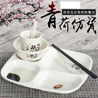 Bộ 5 Món Màu Xanh Sen Melamine Đĩa Bốn Lưới Tấm Nhựa Vuông Đĩa Cơm Giả Sứ Chia Đĩa Định Lượng Đĩa Ăn Sáng 211 Đĩa Chia