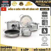 Bộ 5 món nồi chảo inox Sunhouse SHG995 gồm 2 nồi, 1 chảo, 1 quánh, 1 xửng hấp. Bộ xoong chảo đáy 5 lớp tỏa nhiệt- MOSACO