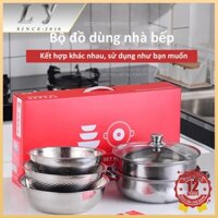 Bộ 5 Nồi Chảo Quánh ấm Inox Lẩu Có Nắp Dụng Cụ Nhà Bếp