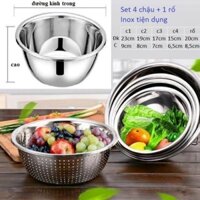 Bộ 5 rổ chậu inox 304 cao cấp rửa rau củ quả tiện lợi. Sét 5 rổ chậu inox không rỉ dành cho nhà bếp size từ 16- 28cm