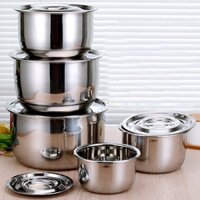 Bộ 5 Thố Inox Không Quai Có Nắp Đậy Đủ Kích Thước Cao Cấp (MY HOME) dùng được trên bếp từ