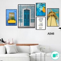 Bộ 5 tranh canvas treo tường biển tông vàng  xanh trẻ trung A546