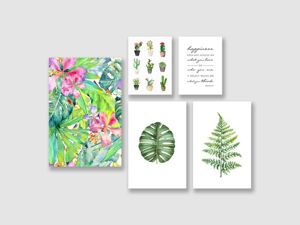 Bộ 5 tranh Leaves Cactus Tropical Watercolor