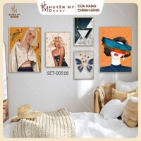 Bộ 5 Tranh Lụa Kim Sa Treo Tường Khung Nhựa Composite, Tranh Decor Góc Làm Việc/Phòng Ngủ/Spa/Nail/Mi - Huyền My Decor