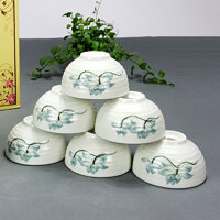 Bộ 6 bát ăn cơm men kem hoa sen xanh gốm sứ Bát Tràng chén ăn cơm, bát cơm, chén cơm