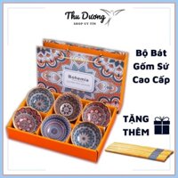 Bộ 6 Bát Chén Gốm Sứ Bát Tràng Tráng Men Hình Thú, Hình Thổ Cẩm Cao Cấp [Tặng Kèm Đũa] - TD01