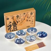 Bộ 6 chén kiểu hoa văn xanh cao cấp kèm đũa