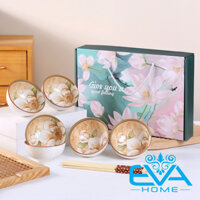 Bộ 6 Chén Sứ Hoạ Tiết Hoa Trà Camellia Cổ Điển Phong Cách Nhật Tặng Kèm 6 Đũa Tre Cao Cấp