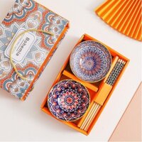 Bộ 6 chén/bát sứ và 6 đôi đũa ăn cơm cao cấp, họa tiết thổ cẩm, hoa văn đẹp mắt decor phong cách Bắc Âu_Gia Dụng Lê Hyền