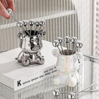 Bộ 6 Dĩa Trái Cây Chất Liệu Inox Kèm Ống Đựng Hình Gấu Cao Cấp Sang Trọng (GDVU)