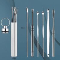 Bộ 6 Dụng Cụ Lấy Ráy Tai, Ngoáy Tai Bằng Thép Không Gỉ Có Móc Treo Chìa Khóa, Bộ ráy tai cao cấp thông minh hộp Thép