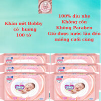 Bộ 6 gói Khăn ướt Bobby Care hương thơm nhẹ nhàng 100 tờ/ gói Hồng