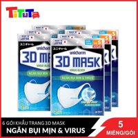 Bộ 6 Gói Khẩu Trang Ngăn Virút Unicharm 3D Mask Virus Block 5 Cái  Gói