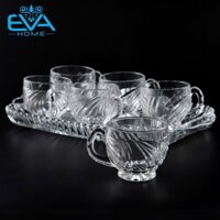 Bộ 6 Ly Thuỷ Tinh Pha Lê Hoạ Tiết Sọc Chéo 200ML Kèm Khay Có Tay Cầm Dày Dặn Sang Trọng