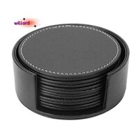 Bộ 6 miếng lót ly uống nước bằng da tròn để sử dụng màu đen