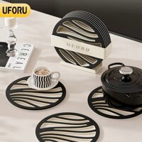 Bộ 6 miếng lót xoong nồi kèm giá uforu để bàn hoặc dán tường thiết kế 2 lớp cách nhiệt chống bỏng chống thấm - UF552