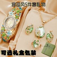 Bộ 6 món được đề xuất Đồng hồ dân tộc Cloisonne Nữ mở Vòng tay màu xanh lá cây cổ điển Đồng hồ kim cương / 3.25